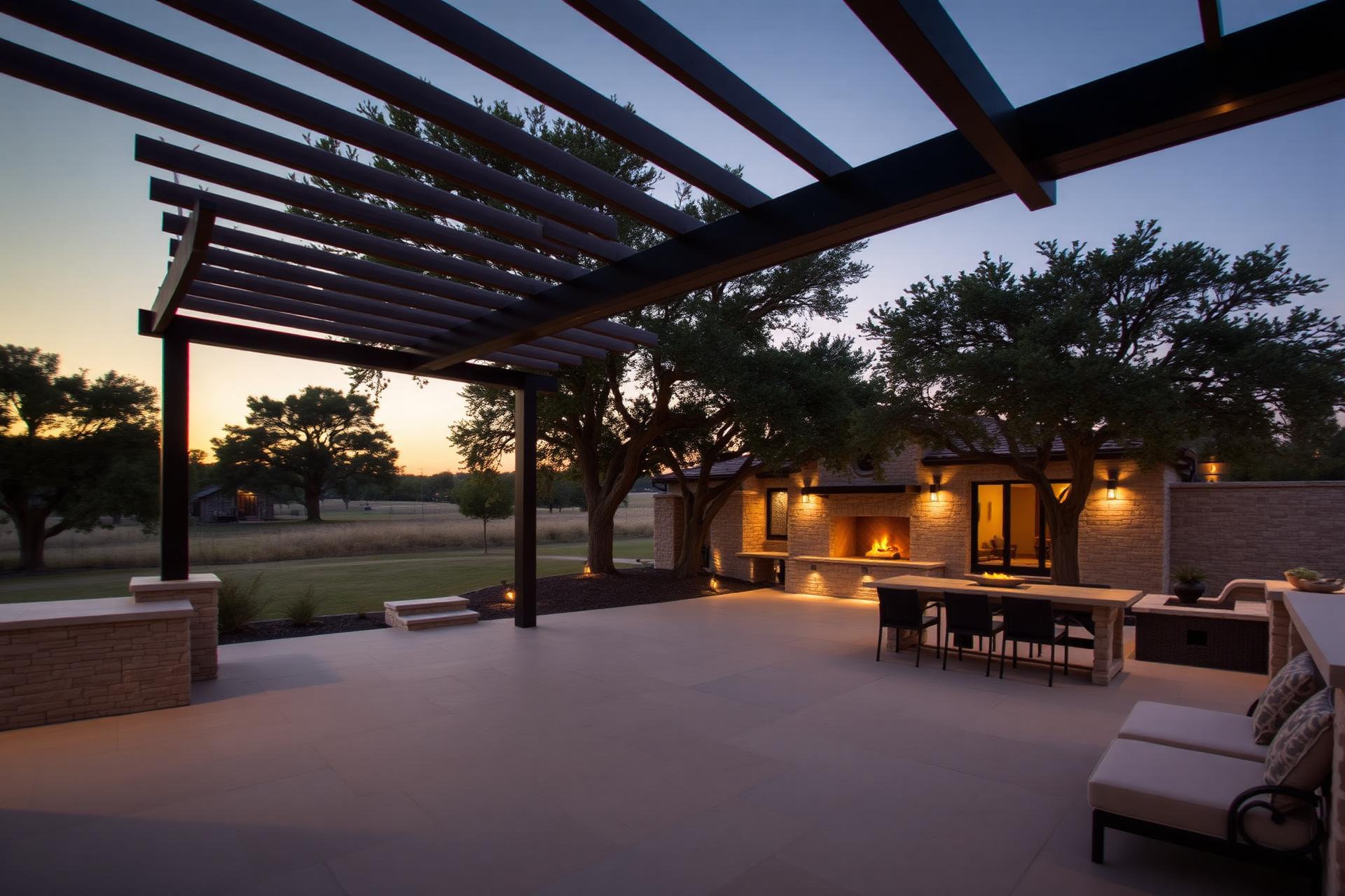 Custom outdoor living space at dusk in the Texas Hill Country